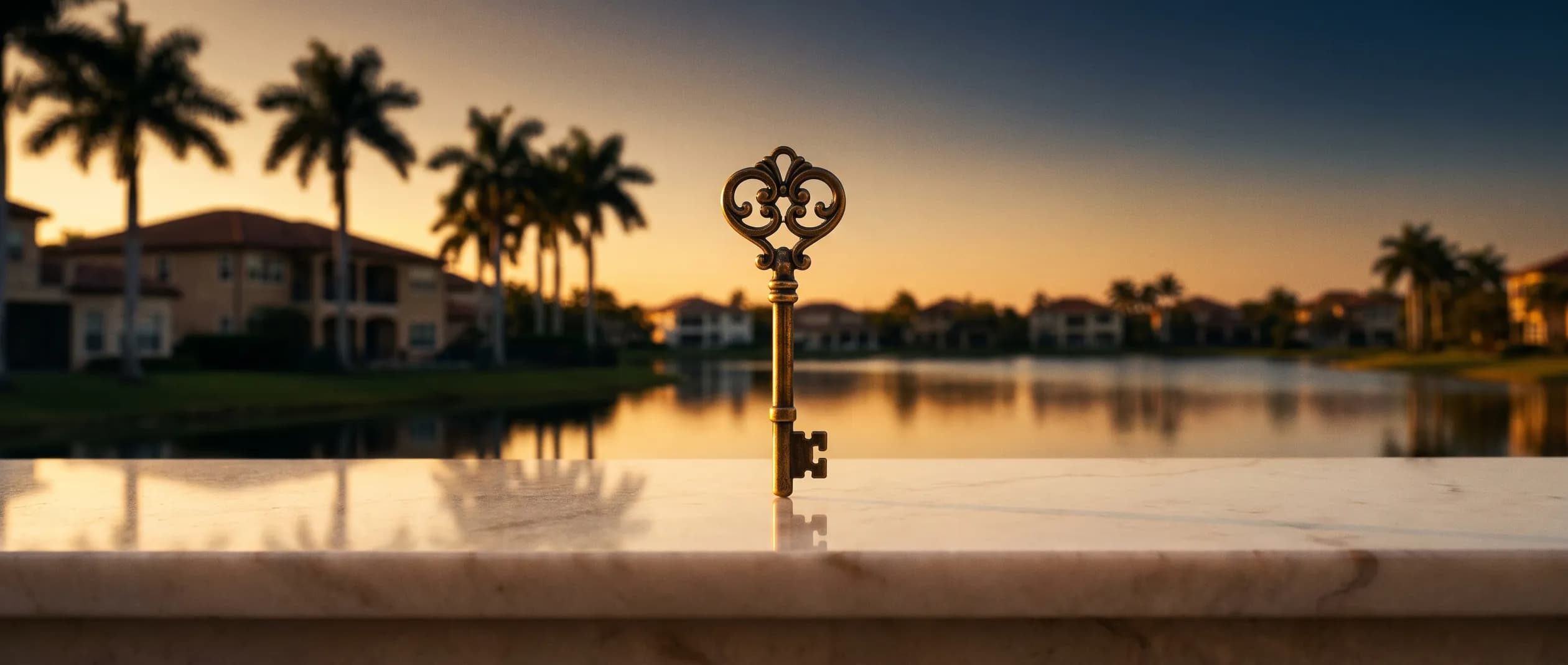 Llave dorada sobre mármol frente a una comunidad residencial de Florida Central junto a un lago al atardecer